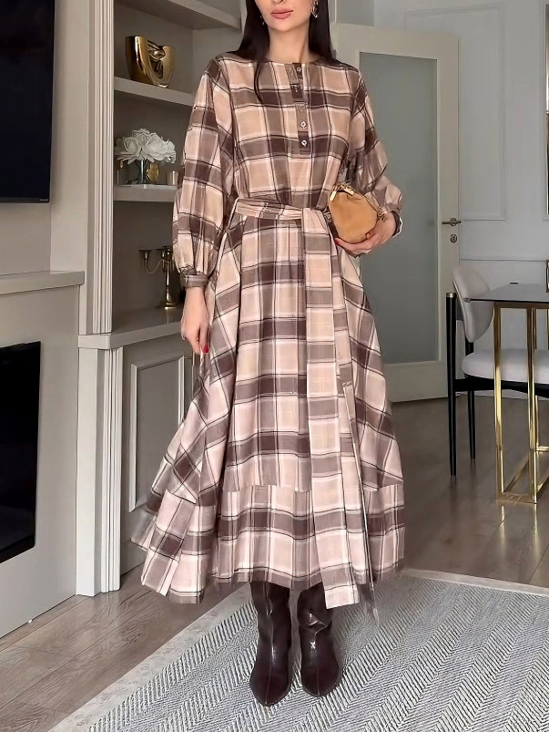 Casual Plaid Print Belted Maxi Dress