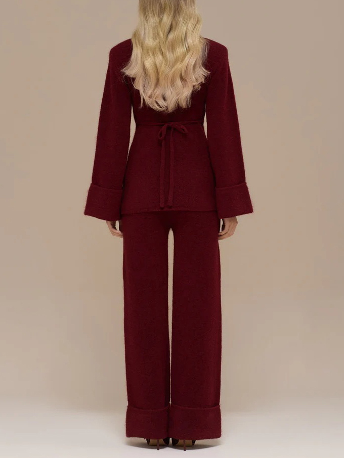 Elegant Flared Sleeve Knit Top And Pants Two-piece Set