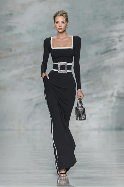 Elegant Black And White Trim Square Neck Long Sleeve Tight Maxi Dress