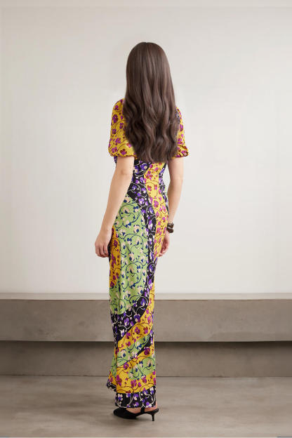 Fashion Color-Block Print Satin Maxi Dress