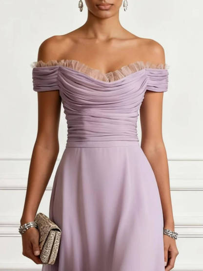 Elegant Peplum Pleated Chiffon Off The Shoulder Sleeveless A-Line Midi Dress