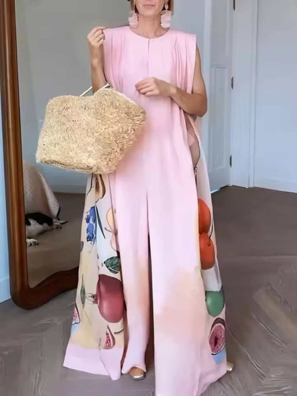 Fashion Fruit Print Sleeveless Wide-Leg Jumpsuit