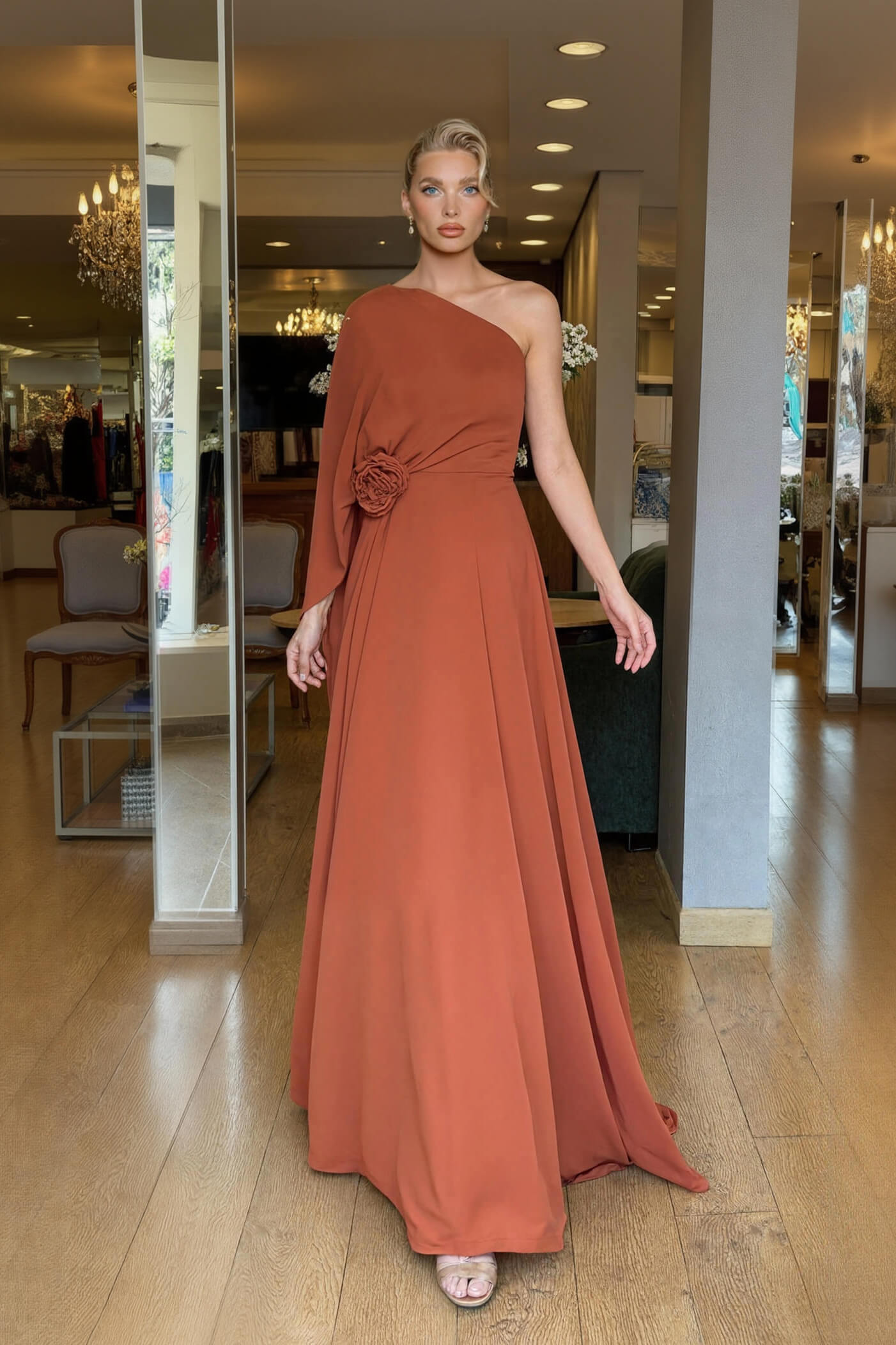 Elegant One-Shoulder Chiffon Flowy Party Maxi Dress