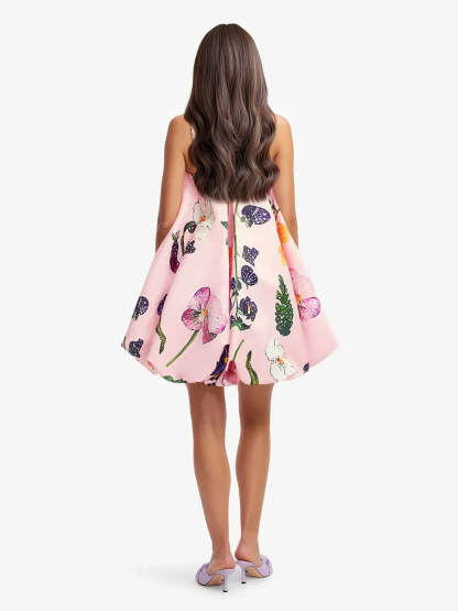 Fashion Printed Strap-Detail Bubble-Hem A-Line Mini Dress