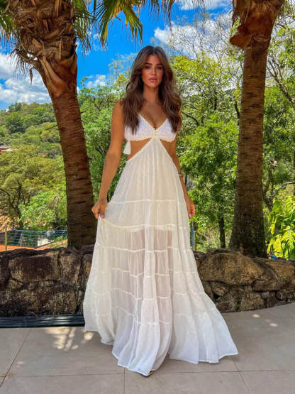 Retro Crochet Tassel Shoulder Strap Cutout Waist Chiffon Polka Dot Vacation Maxi Dress