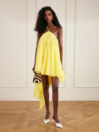 Elegant Yellow Asymmetrical Chiffon Crepe Halterneck Mini Dress