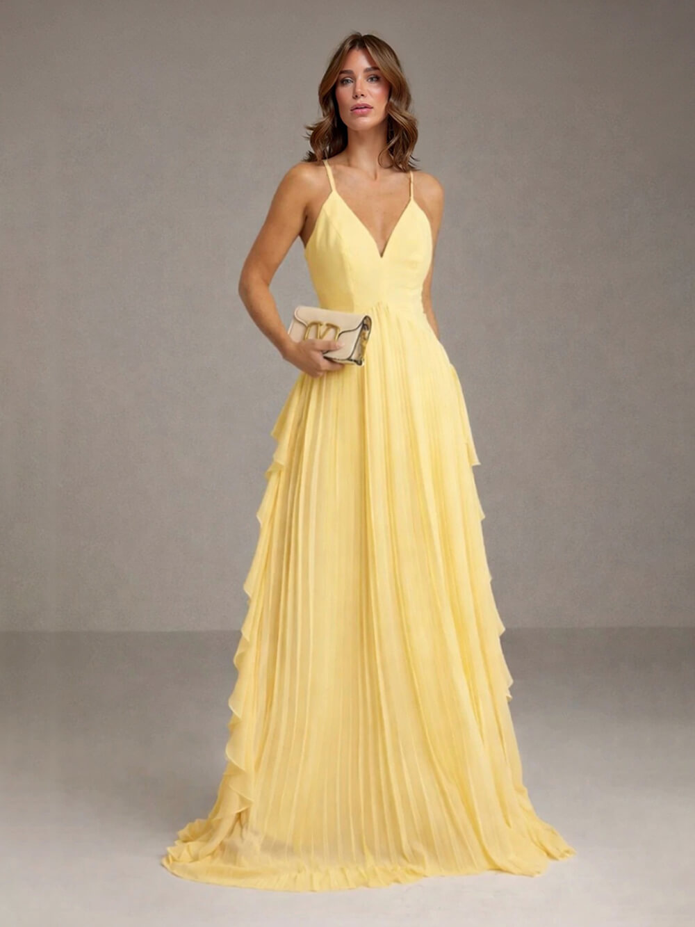 Delicate Yellow Layered Patchwork Ruched Party Maxi Dress
