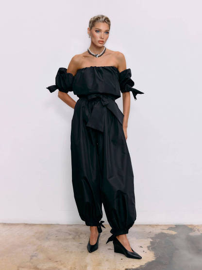 Exquisite Strapless Top And High-Waist Tie Lantern Pants Set