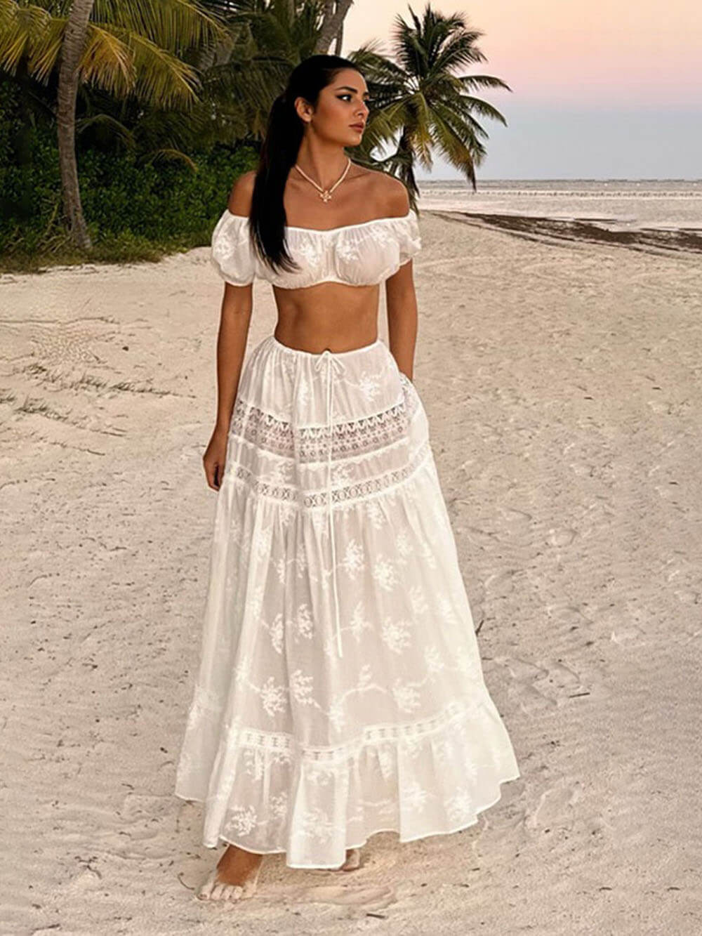 Vacation-Style Cropped Top And High-Waisted Skirt Set