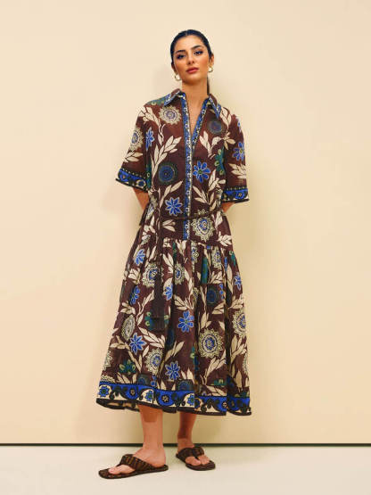 Retro Print Button-Front With Braided Rope Belt Maxi Shirtdress