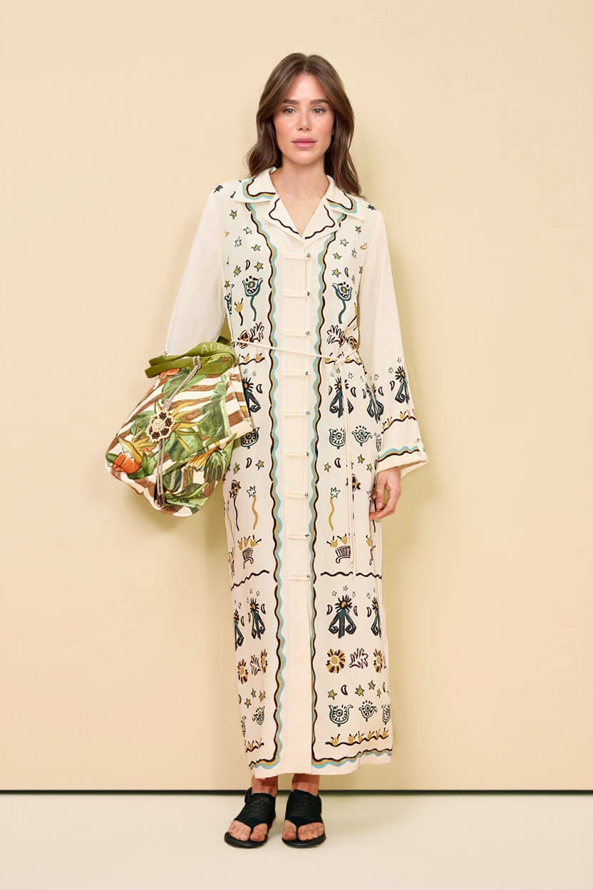 Modern Print Button-Front Tie-Waist Loose Maxi Shirtdress