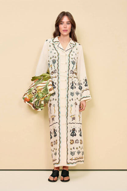 Modern Print Button-Front Tie-Waist Loose Maxi Shirtdress