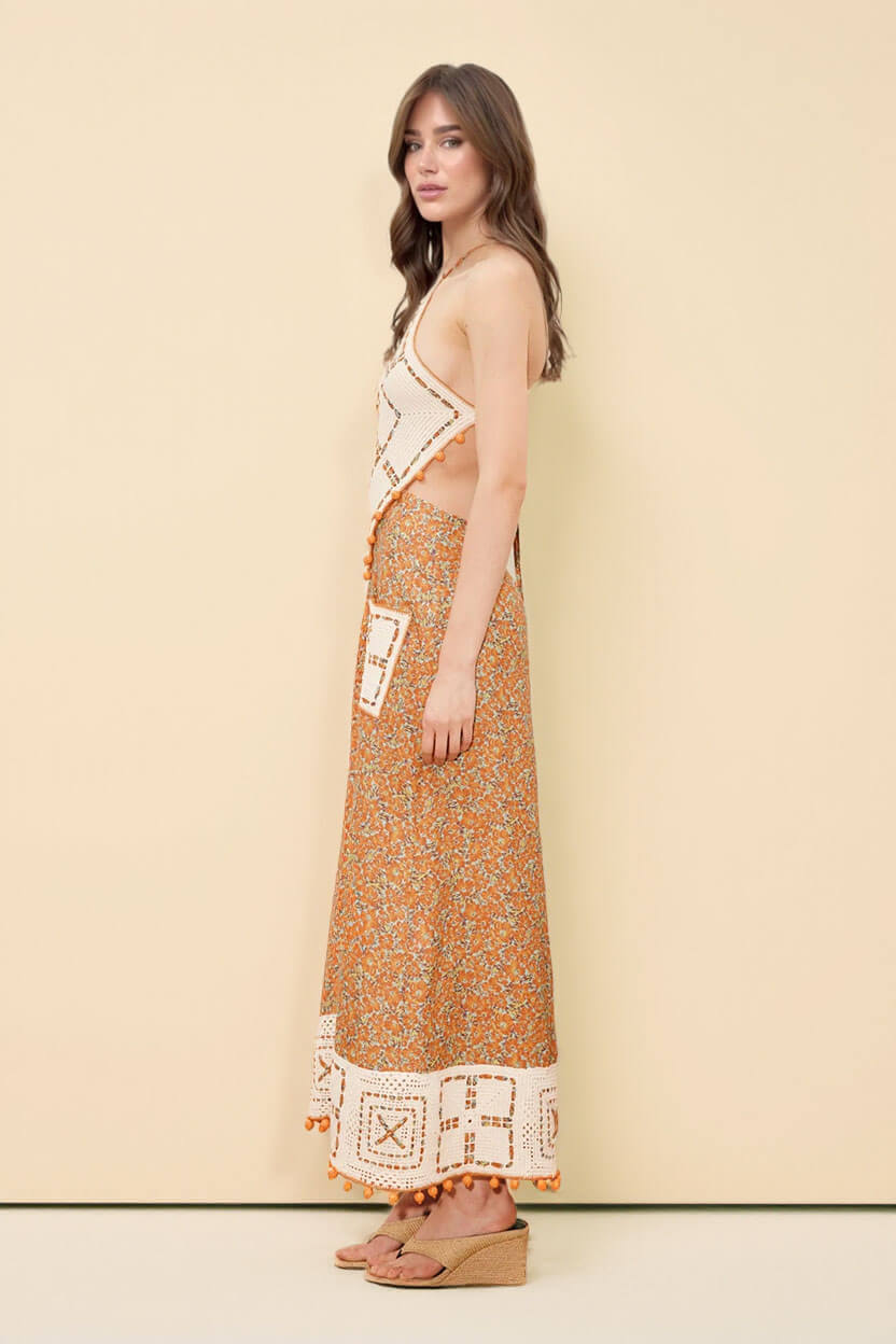 Retro Print Crochet Backless Maxi Dress