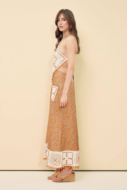 Retro Print Crochet Backless Maxi Dress