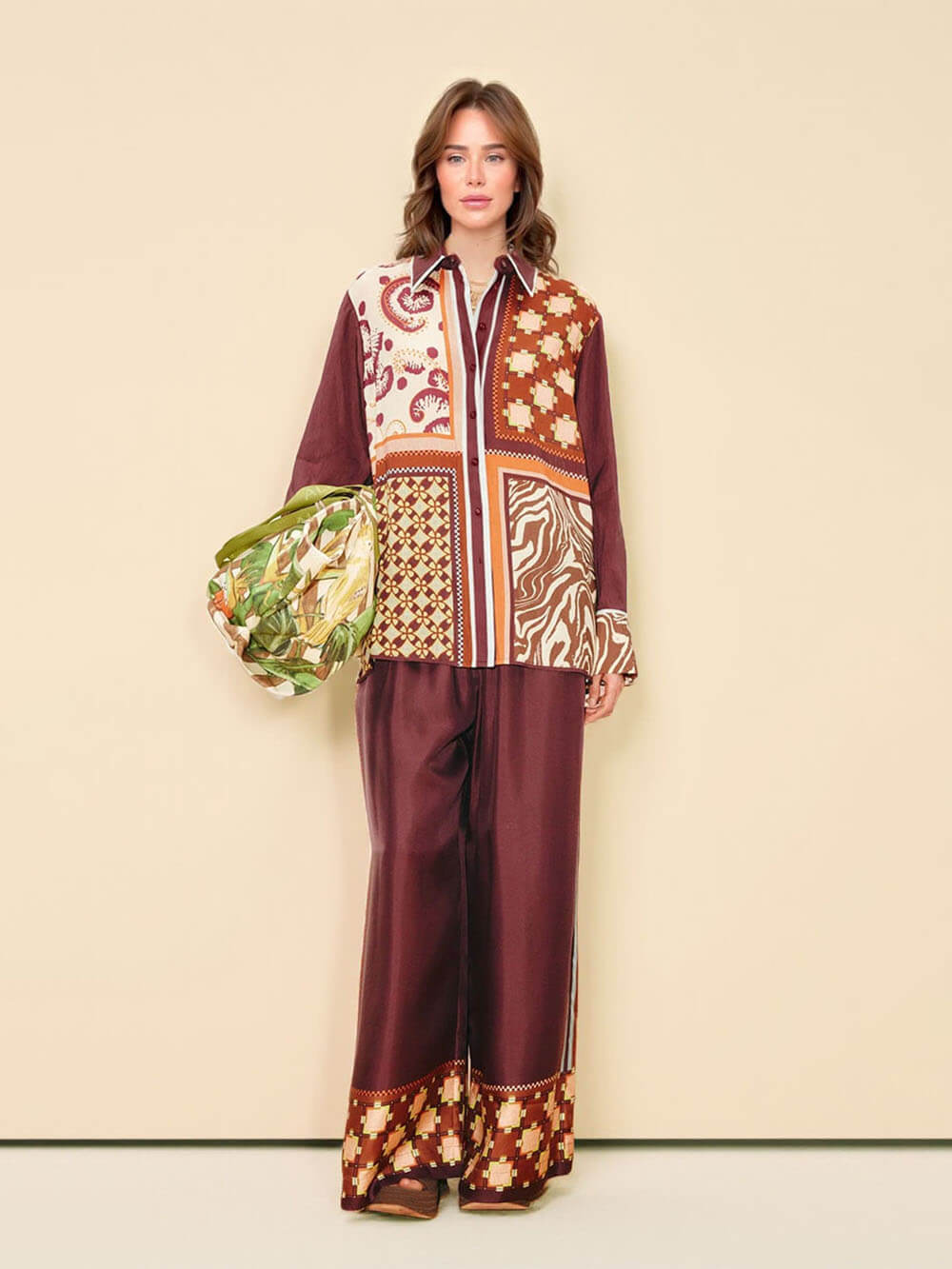 Unique Paisley Color-Block Satin Shirt And Elastic Waist Wide-Leg Pants Set