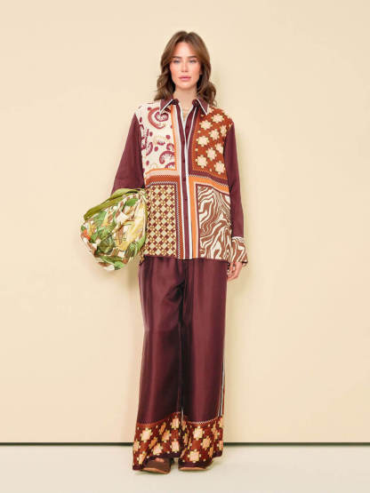 Unique Paisley Color-Block Satin Shirt And Elastic Waist Wide-Leg Pants Set