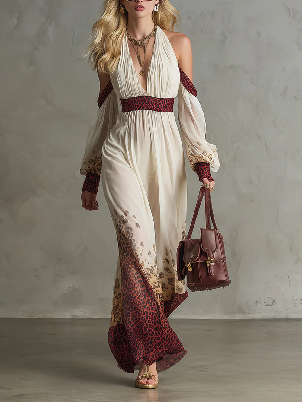 Exquisite Vacation-style Leopard Print Chiffon Off-The-Shoulder Maxi Dress