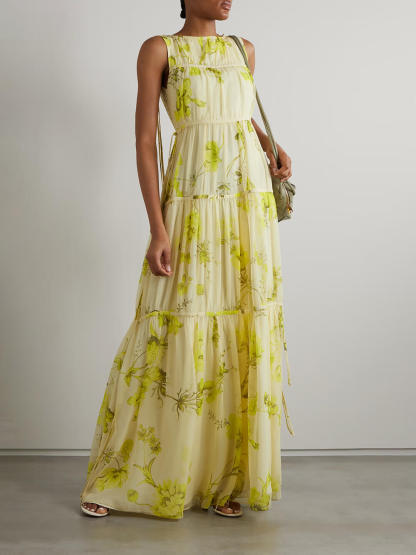 Vintage Bloom Tie-Front Layered Floral Print Chiffon Casual Maxi Dress
