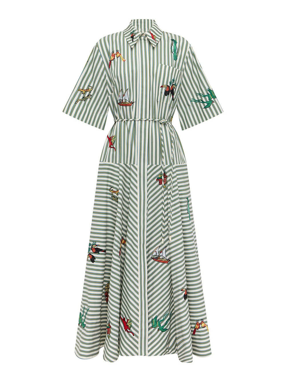 Classic Striped Button-Front Tie-Waist A-Line Maxi Shirtdress