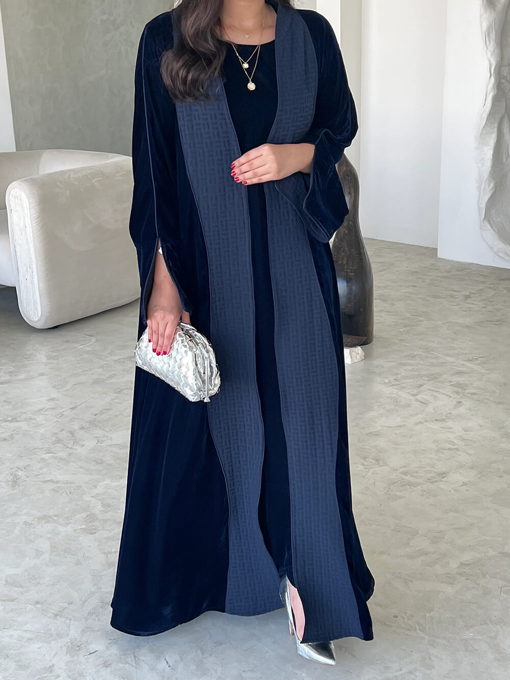 Elegant Navy Blue Printed Velvet Robe Cardigan