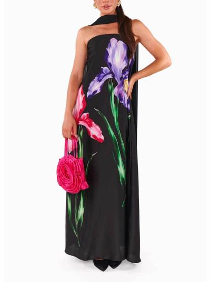 Elegant Printed Off-the-Shoulder Scarf Maxi Dress
