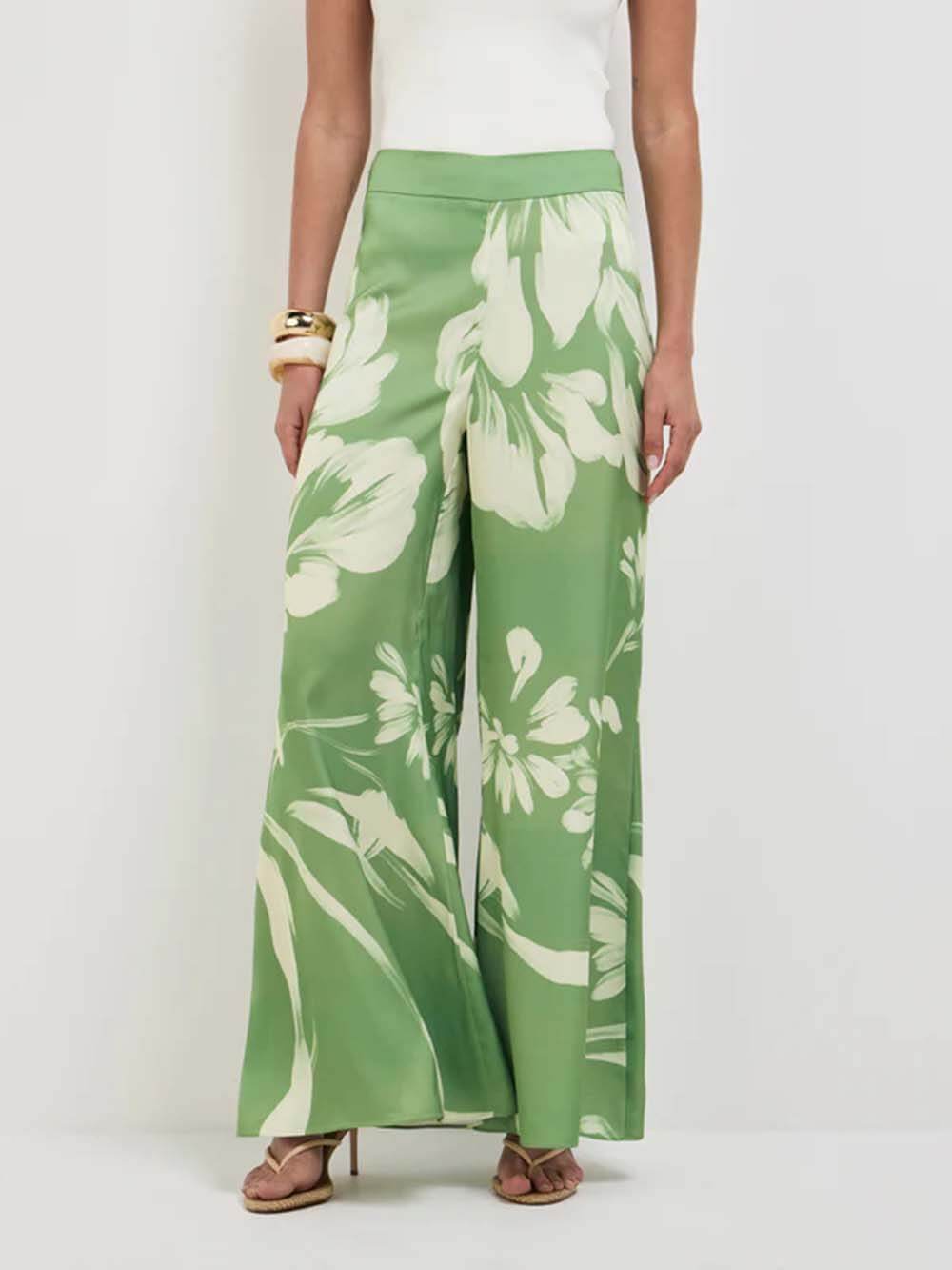 Modern Satin Abstract Floral Print Bell-Bottom Pants