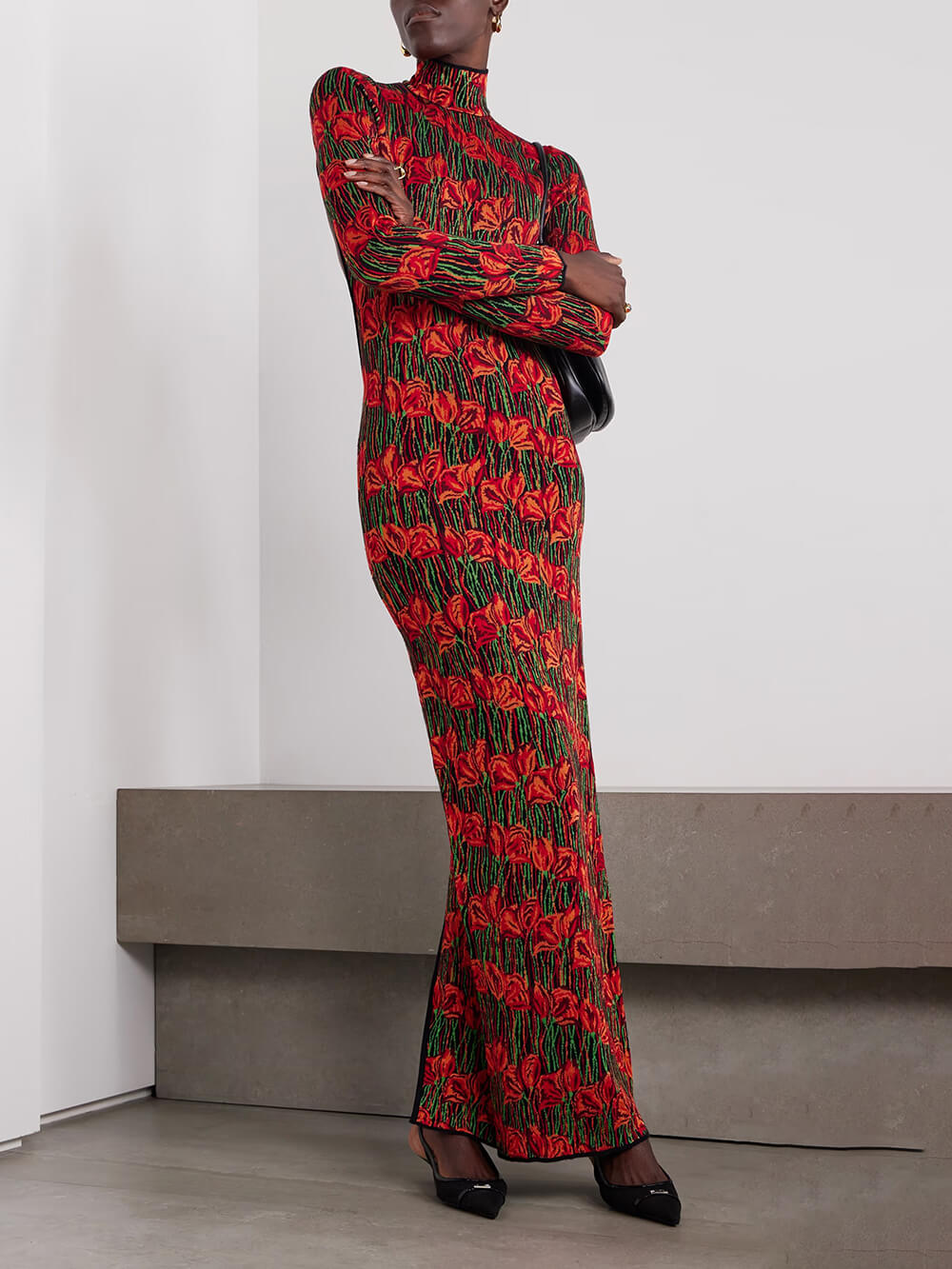 Elegant Open-Back Printed High-Neck With Back Slit Maxi Dress