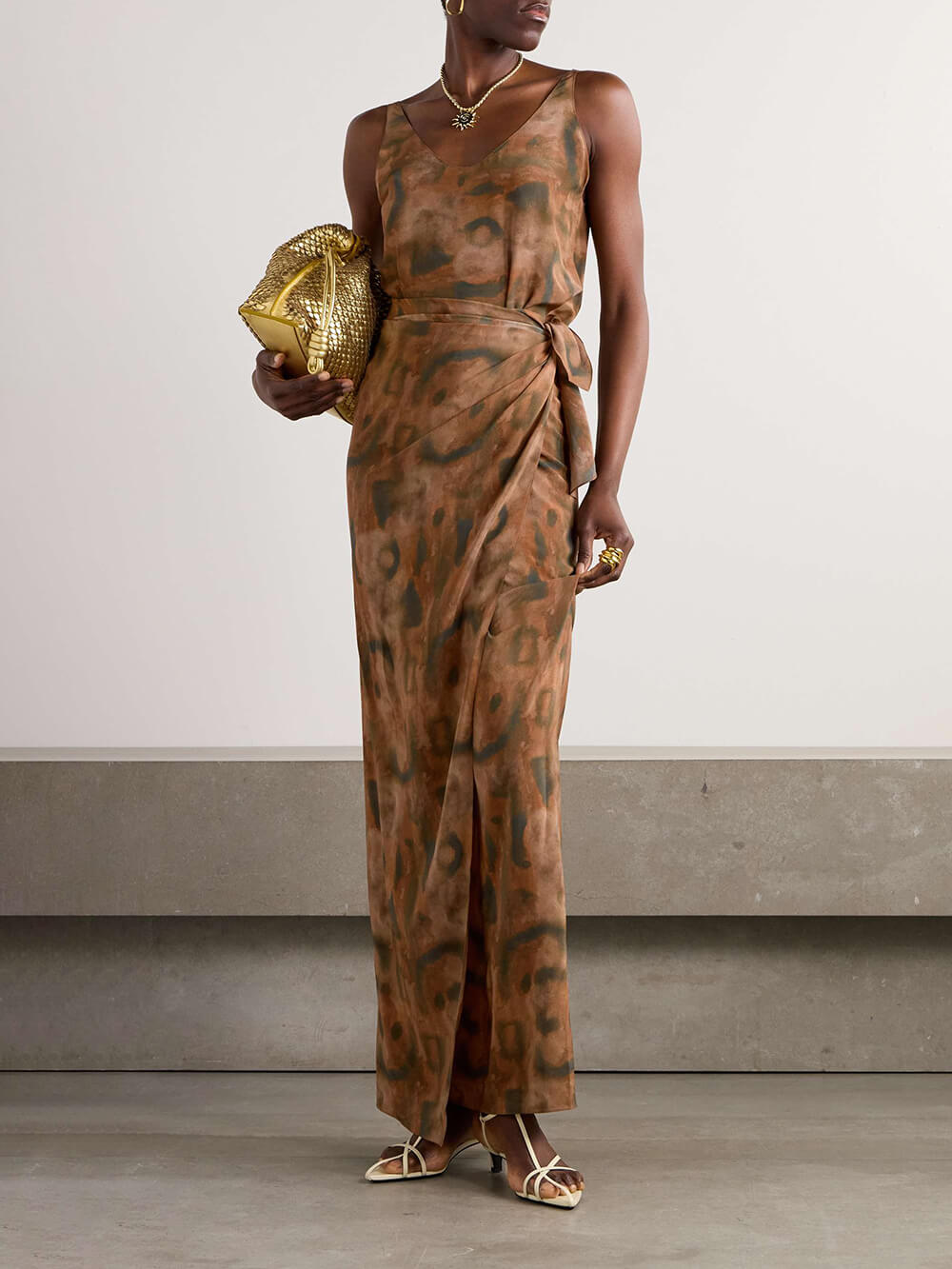 Unique Leopard Print Satin Maxi Wrap Dress