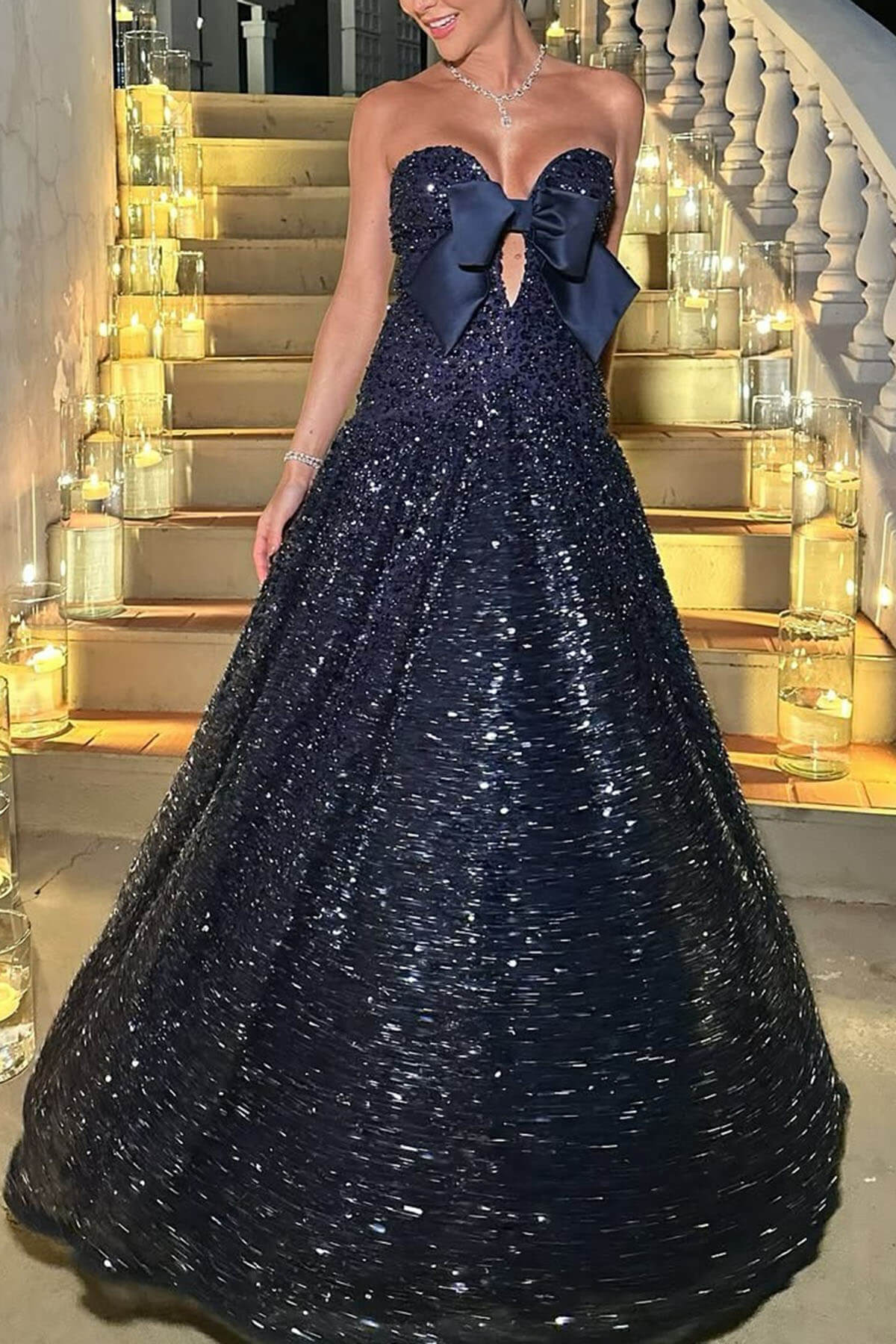 Exquisite Sparkling Sky Sequin Satin Bow Detail Off Shoulder Prom Maxi Dress