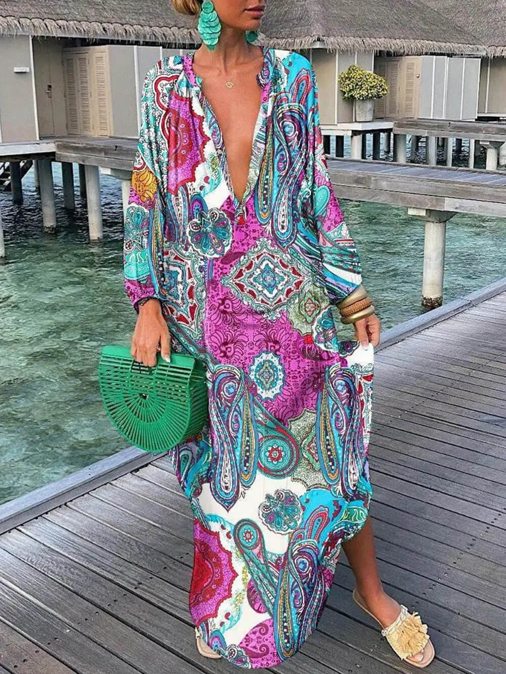 Bohemian V-Neck Printed Maxi Dress