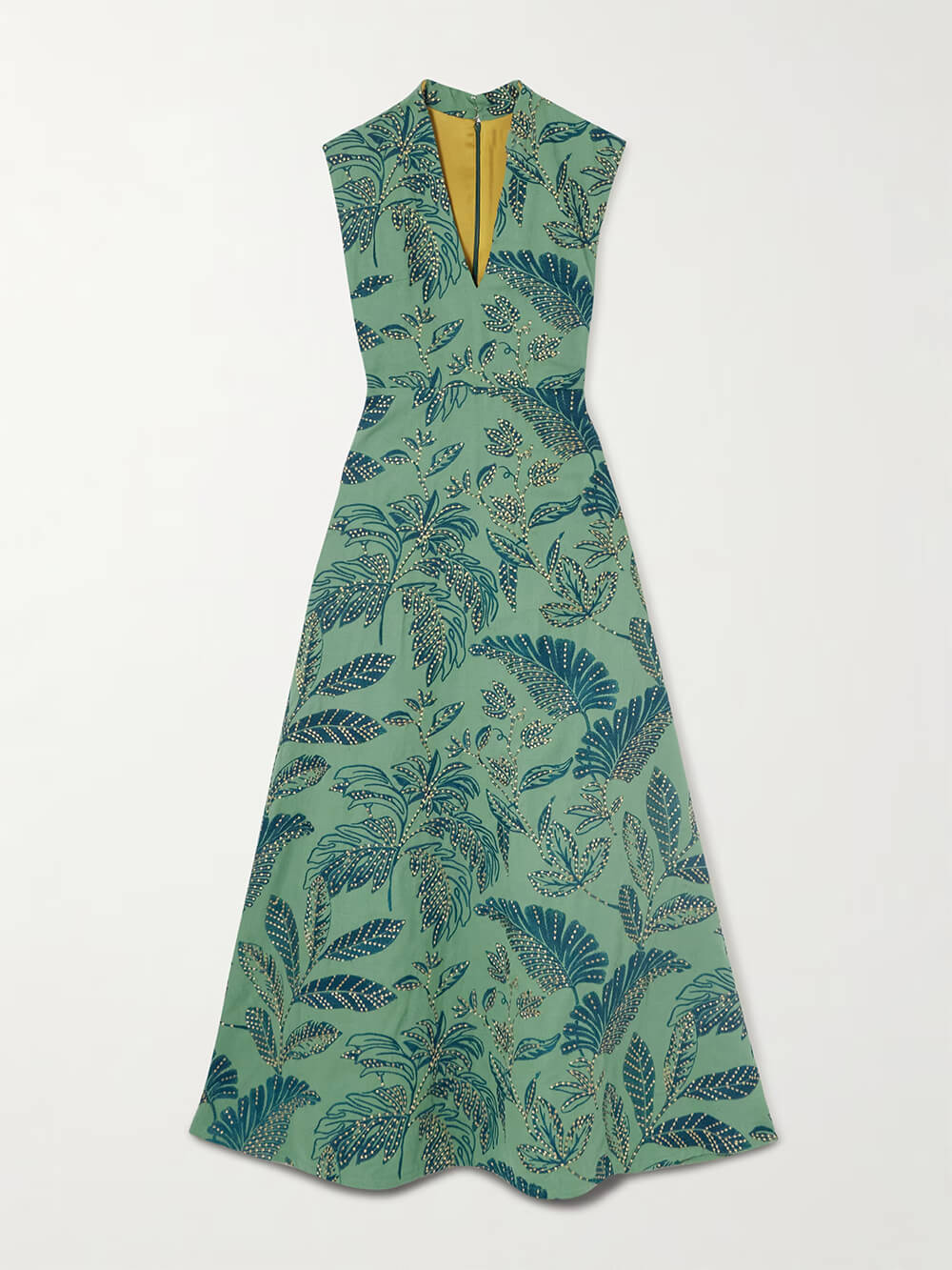 Elegant Leaf-Print V-Neck A-Line Maxi Dress