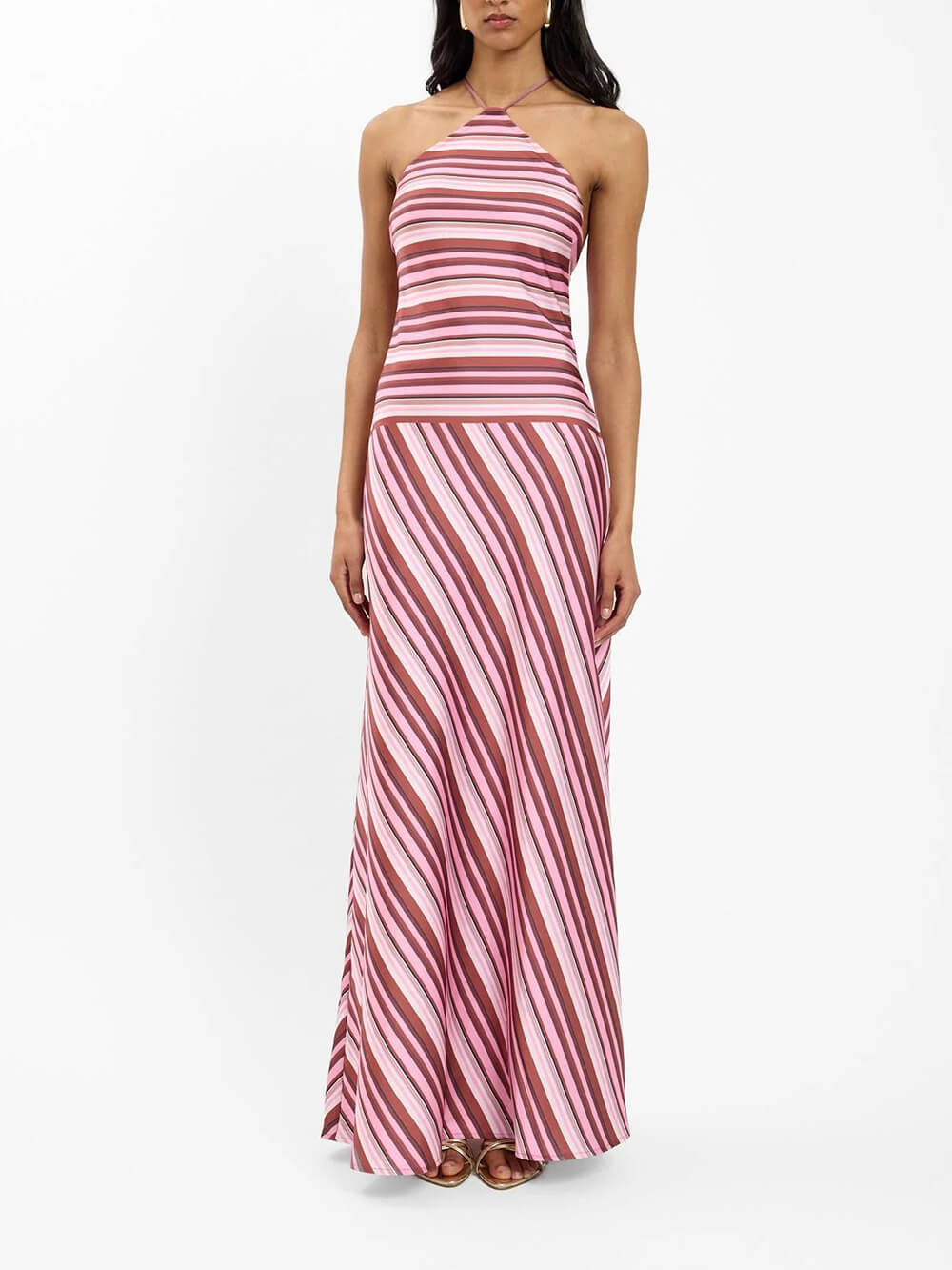 Exquisite Striped Print Spaghetti-Strap Draped A-Line Maxi Dress