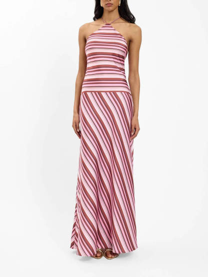 Exquisite Striped Print Spaghetti-Strap Draped A-Line Maxi Dress