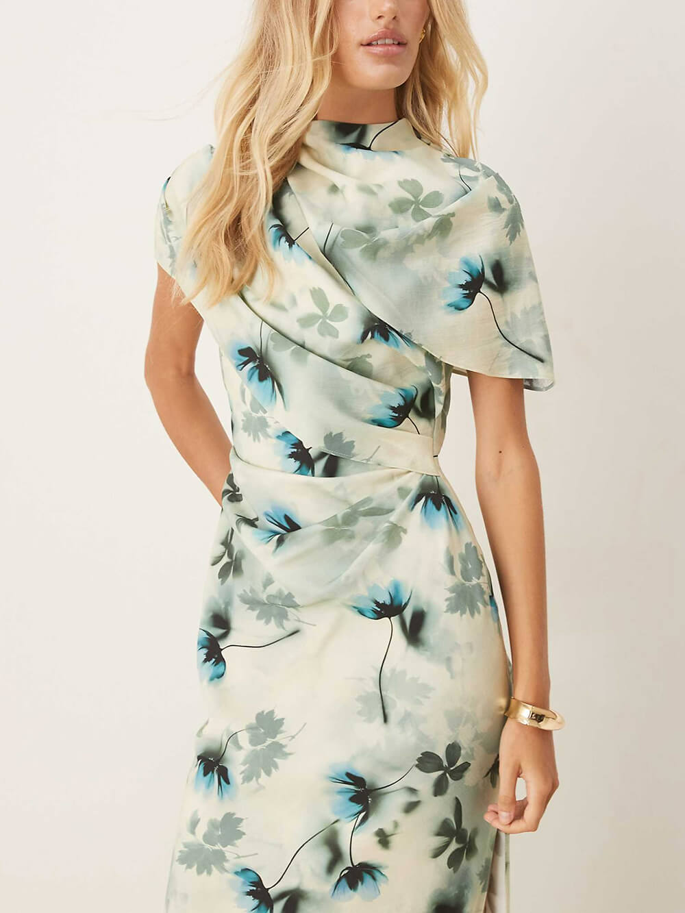 Exquisite Floral Print High Neck Cape Drape Bodycon Maxi Dress