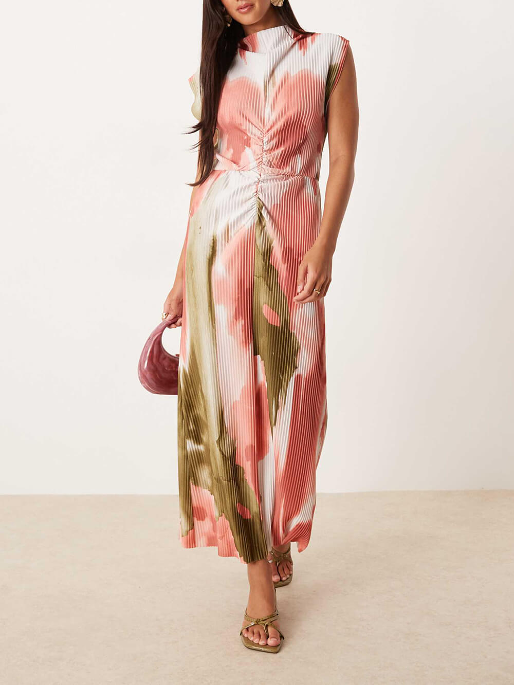 Elegant Floral Print Ruched High-Twist Neck Midi Dress