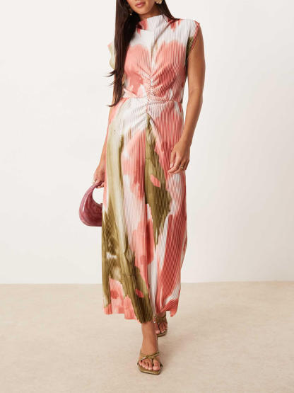 Elegant Floral Print Ruched High-Twist Neck Midi Dress