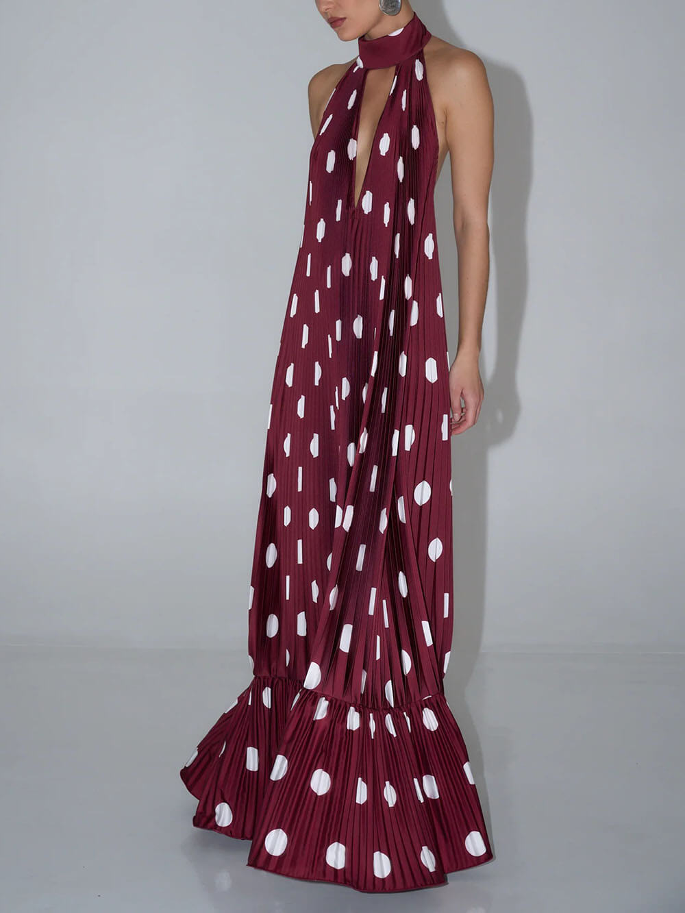 Elegant Polka Dot Backless Halter Evening Gown Maxi Dress
