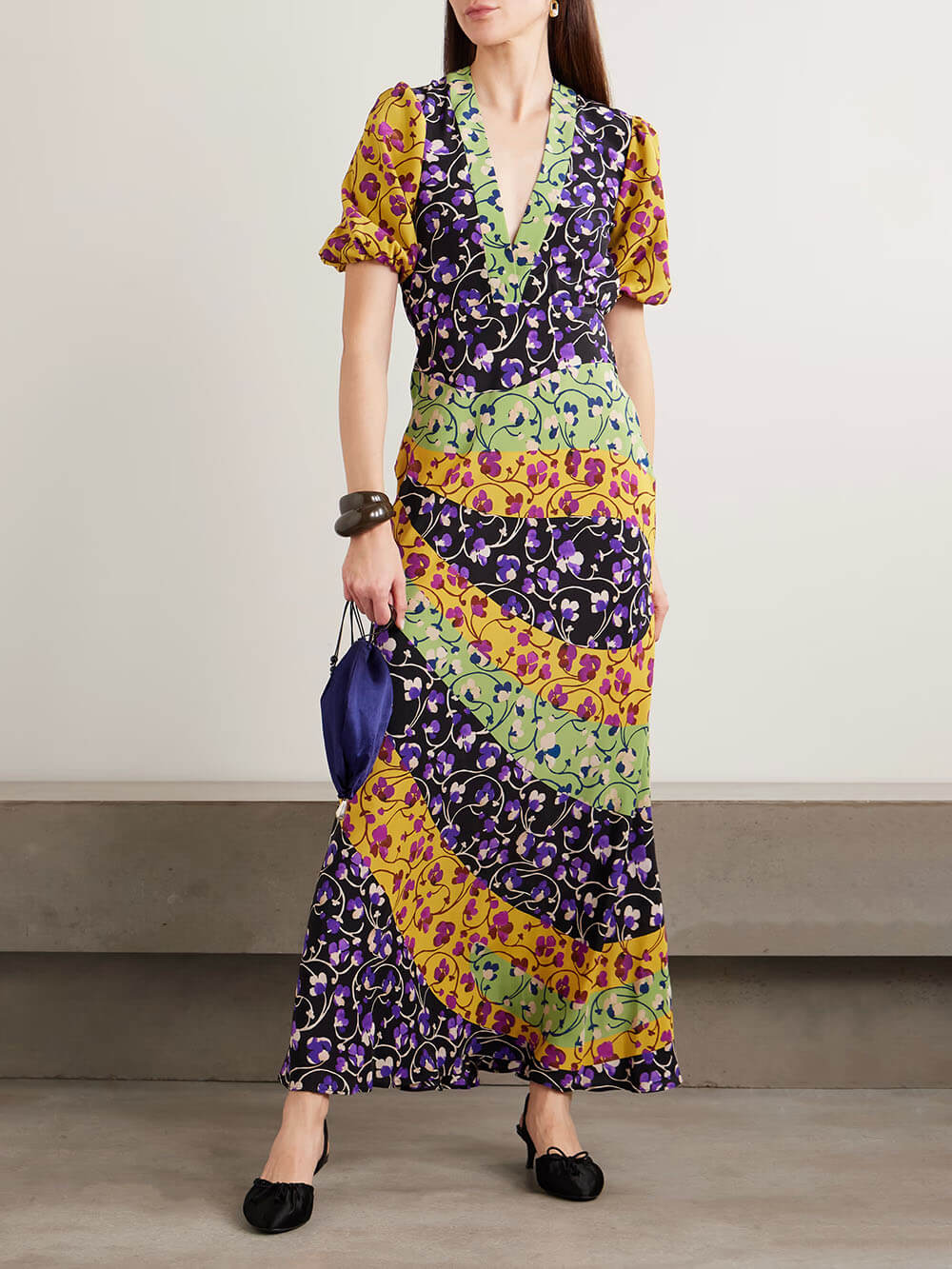 Fashion Color-Block Print Satin Maxi Dress