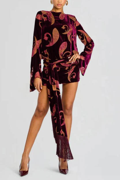 Exquisite Paisley Print Bell-Sleeve Tassel Belt Mini Dress