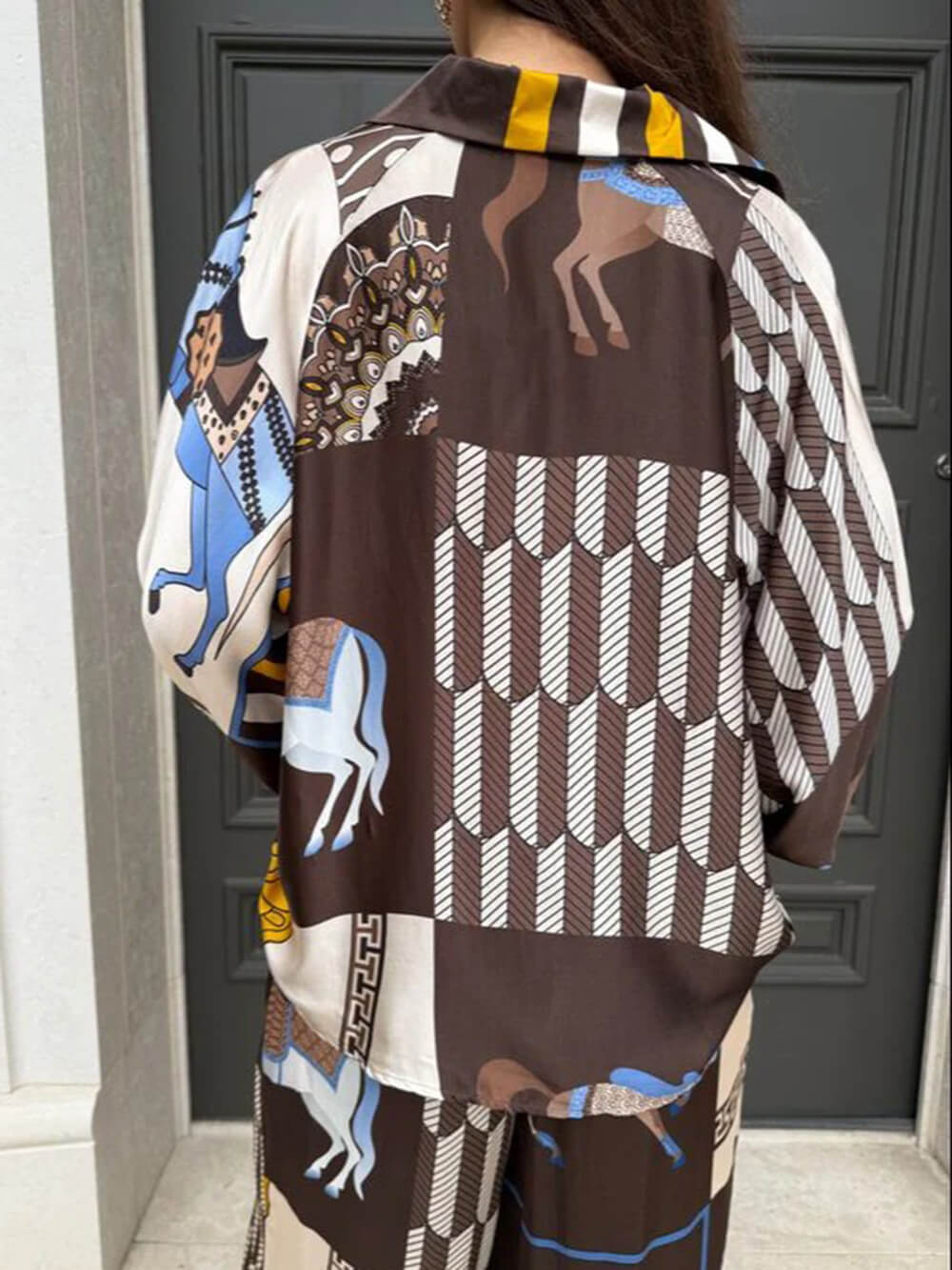 Unique Satin Patchwork Print Loose-fitting Shirt with Elastic Waist and Wide-leg Pants Set