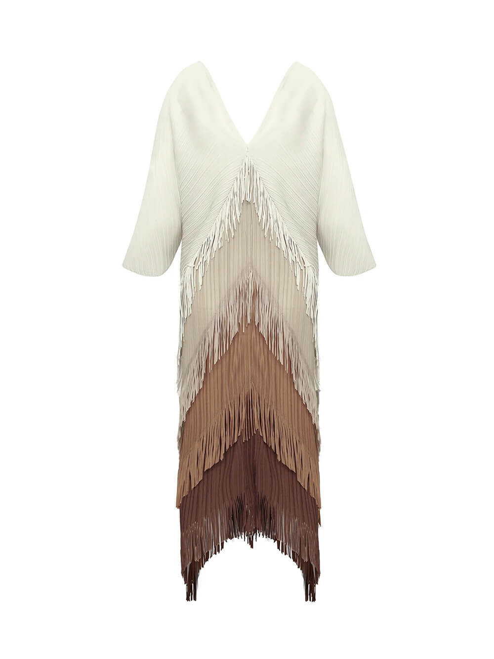 Elegant Pleated Satin Ombre Fringe Detailing Maxi Dress