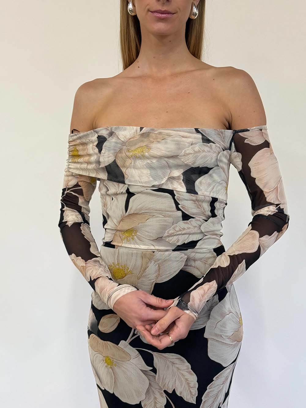 Elegant Floral Print Off-Shoulder Mesh Maxi Dress