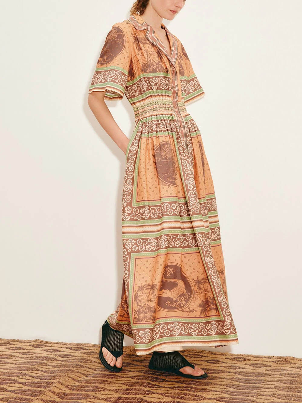 Modern Print Waist-Defined Ruched Button-Front Pocket Maxi Shirtdress