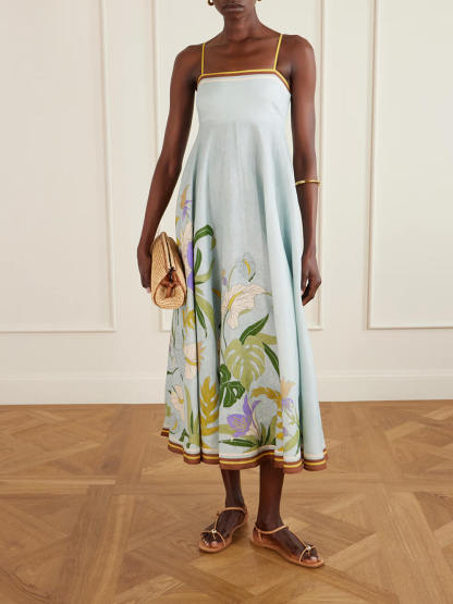 Unique Floral Print Linen Midi Dress