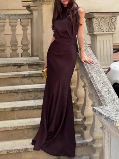 Exquisite Chocolate Brown High-neck Sleeveless Maxi Dress