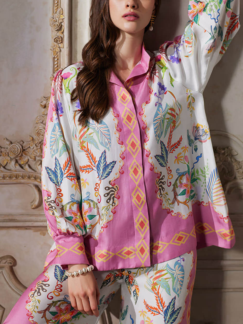 Mystic Bloom Floral Geometric Print Oversized Button-Up Shirt