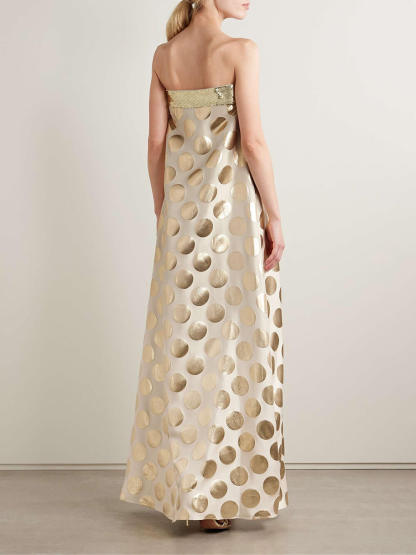 Elegant Off-Shoulder Sequin Metallic Polka Dot Maxi Dress