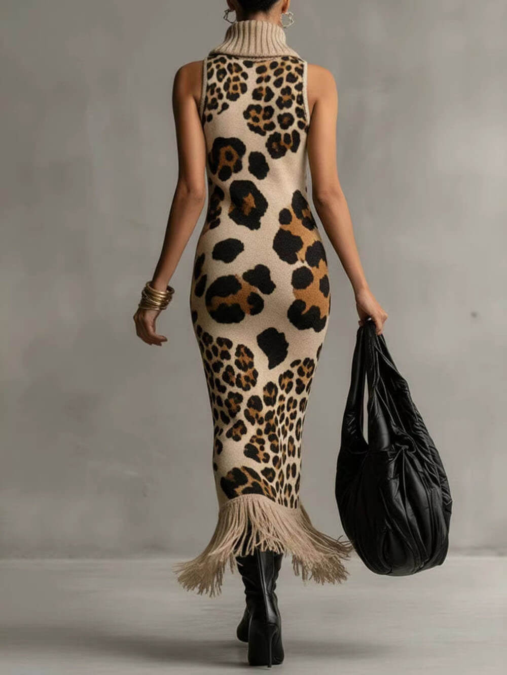Leopard Print Turtleneck Sleeveless Fringe Bodycon Knit Maxi Dress