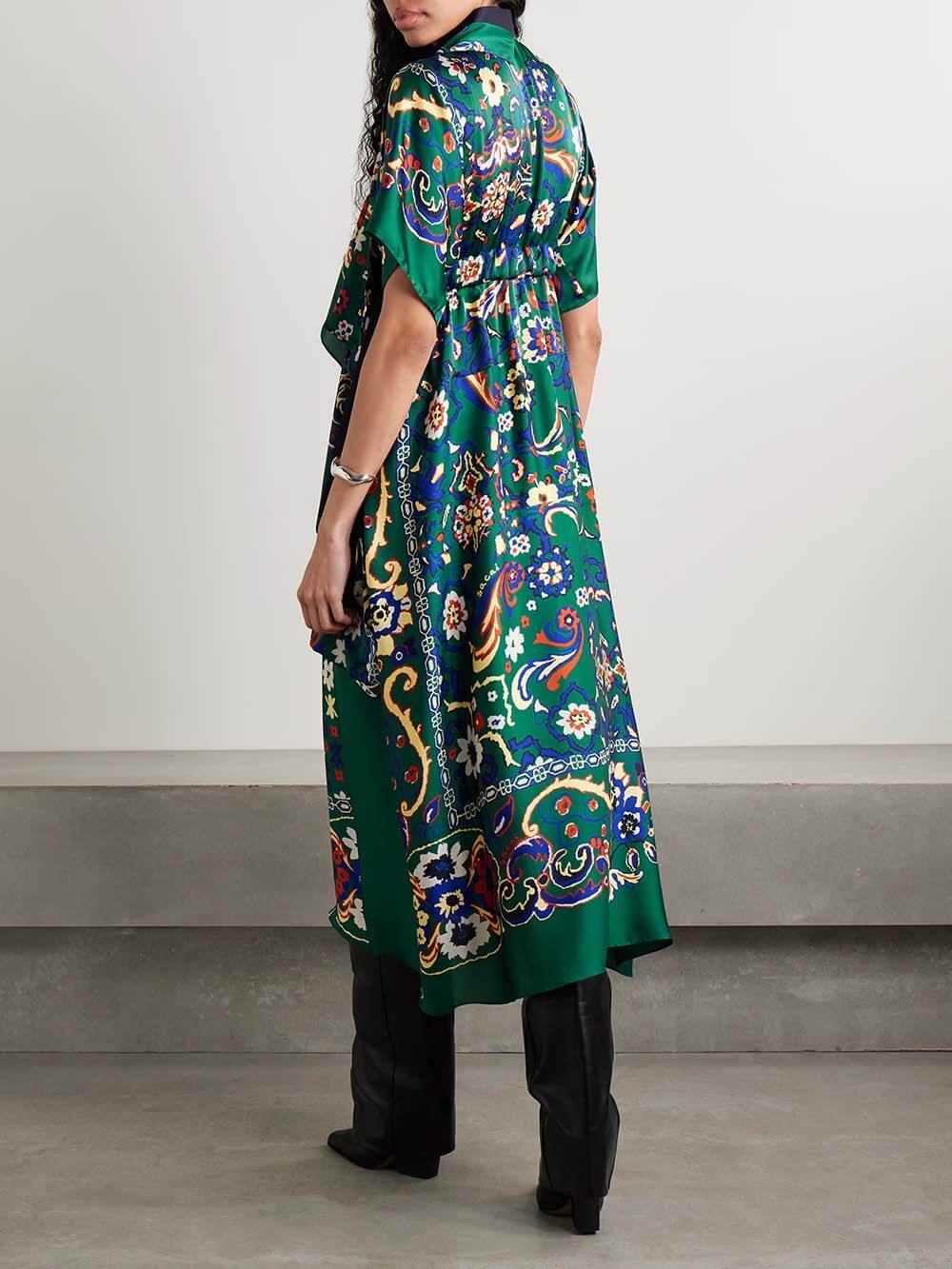 Unique Draped Print Satin Midi Dress