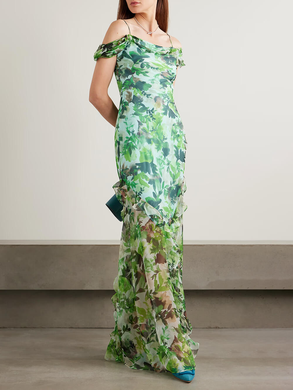 Exquisite Off-Shoulder Ruffle Floral Print Chiffon Maxi Dress